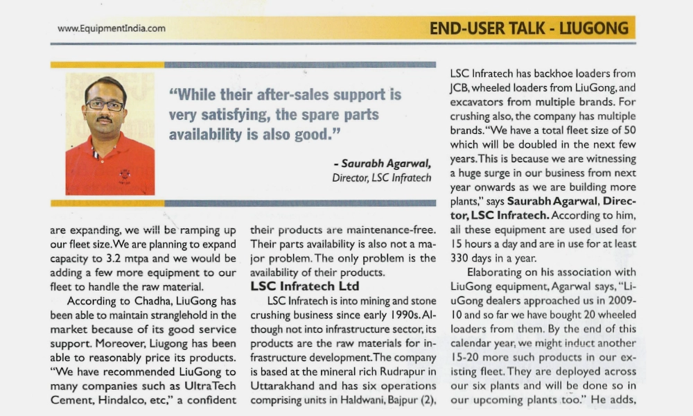 Equipment India Magazine Article for LSC Infratech Ltd